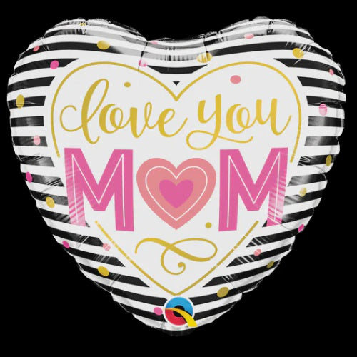 18" Qualatex Love You Mom Stripes Foil Heart Balloon